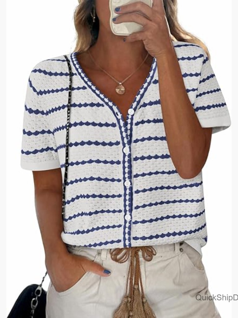 Short Sleeve Crochet Knit Top V-Neck Button Down Striped Casual
